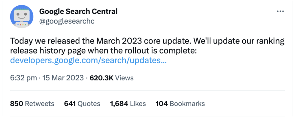 Broad Core Update was a major update to Google's search algorithm that was released on March 15, 2023